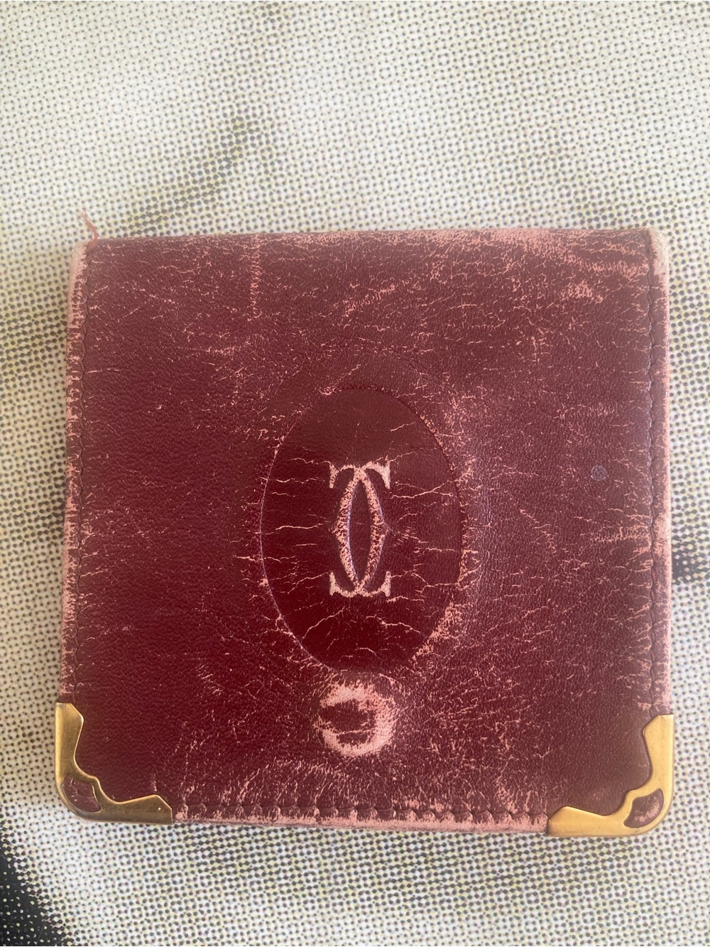 Cartier Burgundy Leather Compact coin holder with Gold Corner Accents